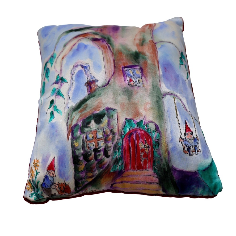 VTG 90s Hand Painted Silk Gnome Treehouse Small Pillow Red Velvet Back 9" Kitsch